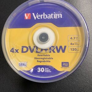 NEW GENUINE Verbatim DVD+RW Discs 4.7GB 4x Speed 30 Pack Spindle 94834 Sealed